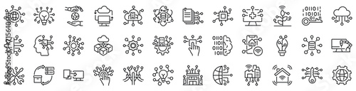 Set of outline icons related to digital transformation. Linear icon collection. Editable stroke. Vector illustration
