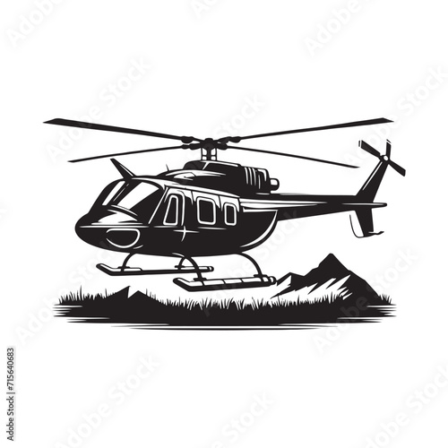 Ascend to Horizon: Helicopter Silhouette Series Ascending Toward the Vast Skyline - Helicopter Flight Silhouette - Helicopter Vector - Aircraft Silhouette
