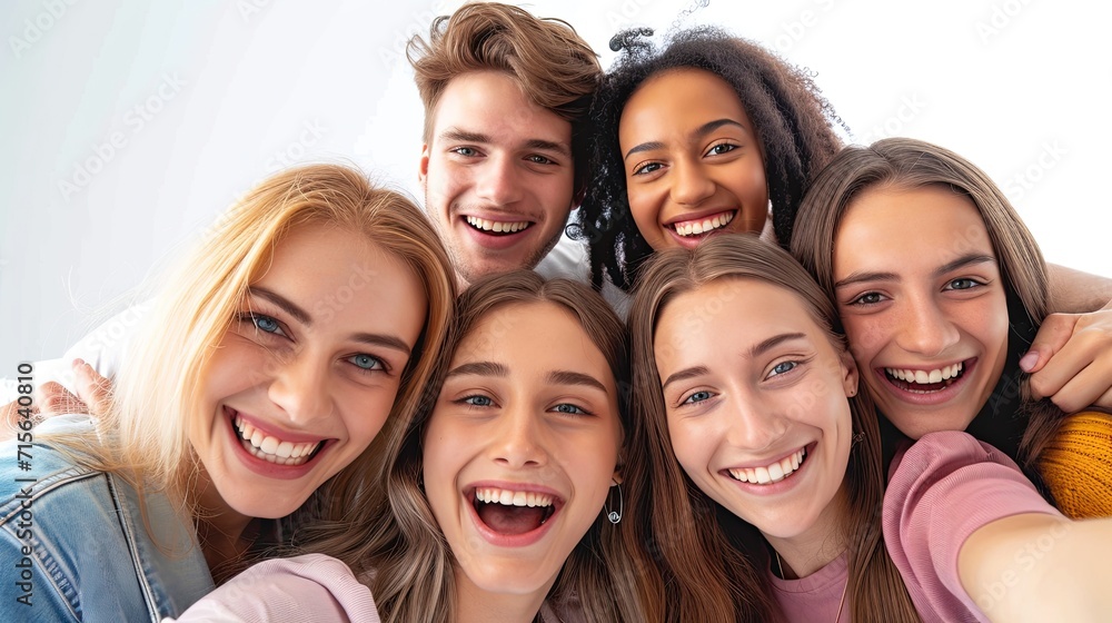 A group of young people taking a selfie together, happy people taking picture together on white background A group of young people taking a selfie together, happy people taking picture together on white background