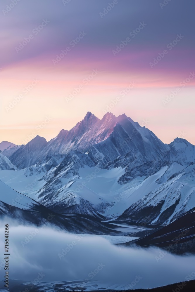 Generative AI image of Stretching snow capped mountains, dusk, mist, sky, sunset feeling