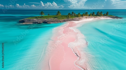 Generative AI image of a photo of a pink sand beach and palm trees in the Bahamas, caustics, drone aerial view