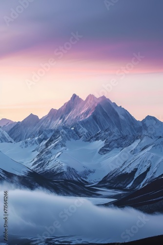 Generative AI image of Stretching snow capped mountains, dusk, mist, sky, sunset feeling © Eitan Baron