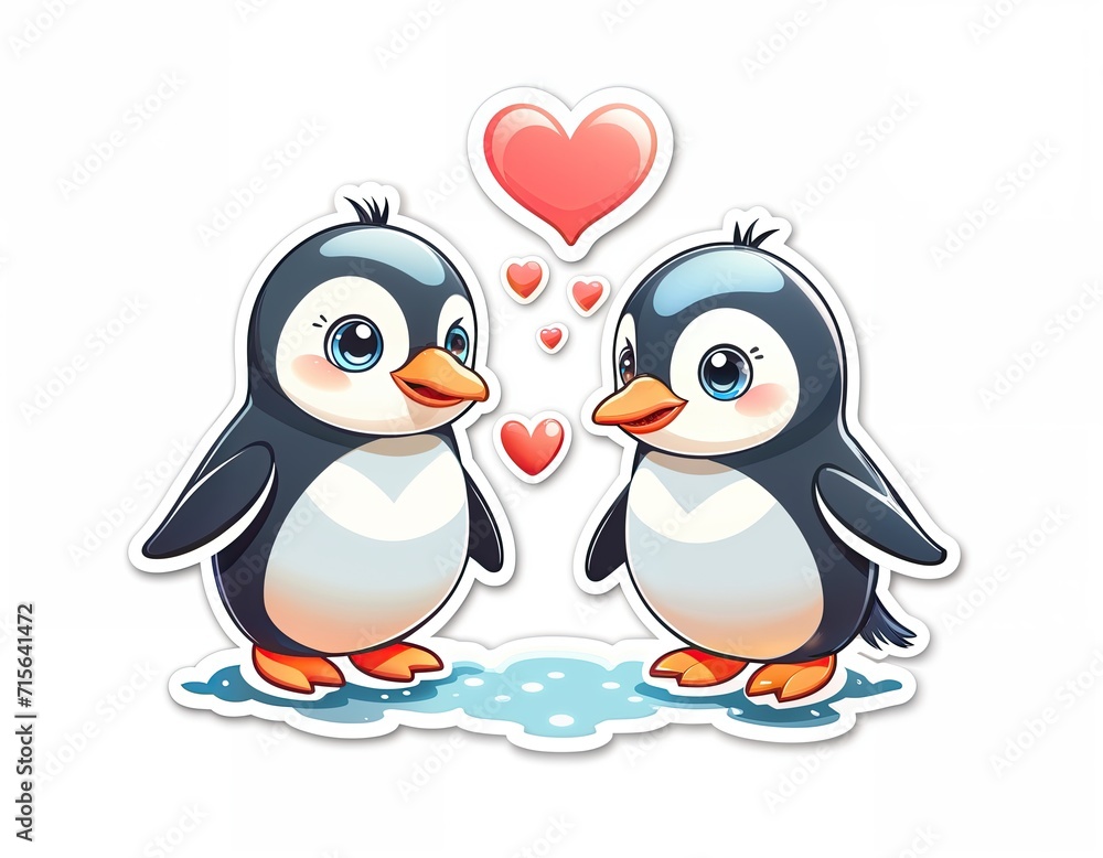 Naklejka premium two cartoon penguins facing each other with a heart between them. They appear to be in love. The background is white.