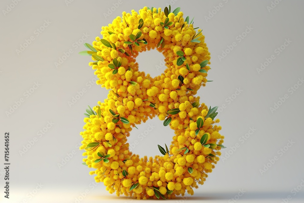 8 March Greeting Card: Number eight Crafted from Bright Mimosa Flowers for Womens Day Celebration.