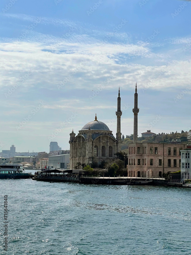 17 of April 2023 - Istanbul, Turkey: Ortakoy, Great Mecidiye Mosque, view from the sea