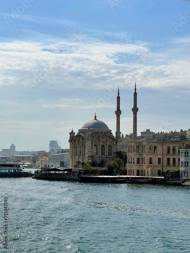 17 of April 2023 - Istanbul, Turkey: Ortakoy, Great Mecidiye Mosque, view from the sea