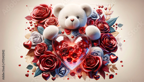 Cœur Rouge, Roses et Ourson en Peluche, idéal pour Saint Valentin, amour , mariage, carte d'invitation
 photo