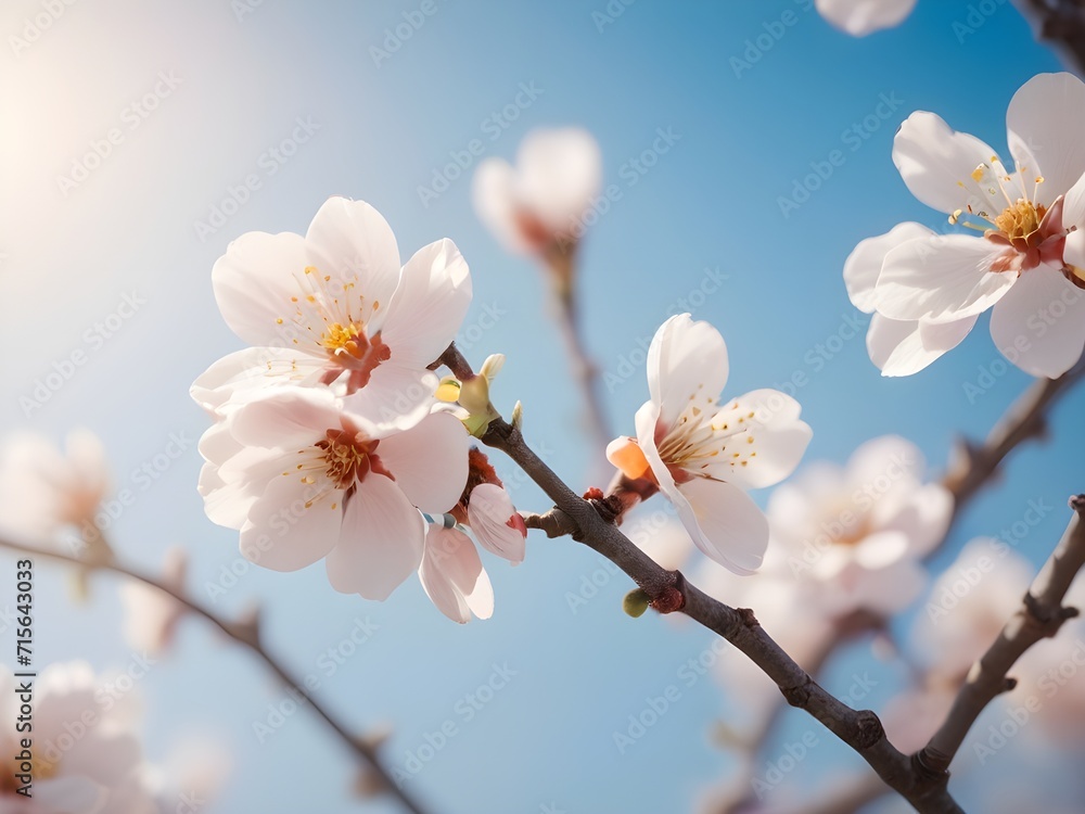 Branches of blossoming apricot macro with soft focus on gentle light blue sky background. Generative AI Branches of blossoming apricot macro with soft focus on gentle light blue sky background. Generative AI