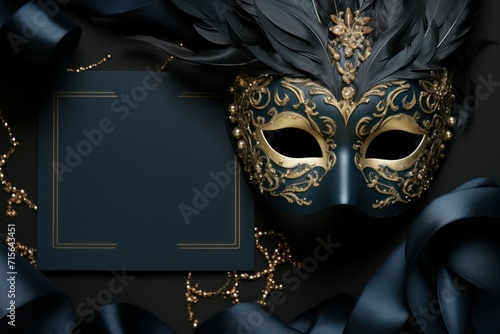 Elegant Venetian Masquerade Ball Invitation with Luxurious Golden Mask and Navy Accents Poster or Sign with Open Empty Copy Space for Text 

