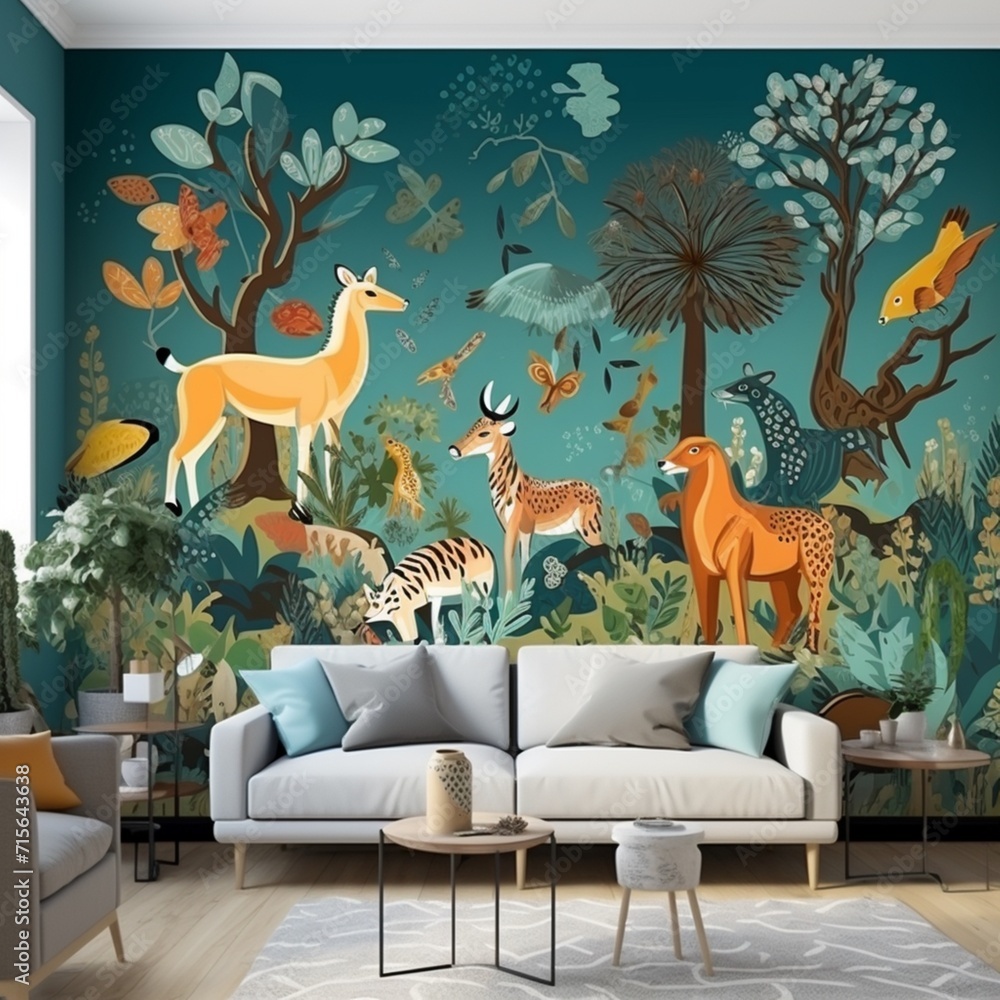 Obraz premium Beautiful living room with wall mural animal realistic image wallpapers