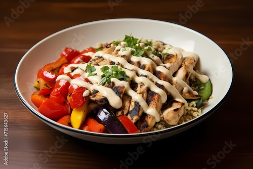 A bowl of protein-rich quinoa, topped with grilled chicken, roasted vegetables, and a drizzle of tahini dressing.