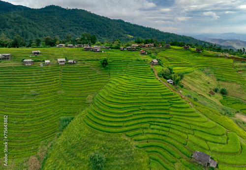 Landscape of green rice terraces amidst mountain agriculture. Travel destinations in Chiangmai, Thailand. Terraced rice fields. Traditional farming. Asian food. Thailand tourism. Nature landscape. © Artinun