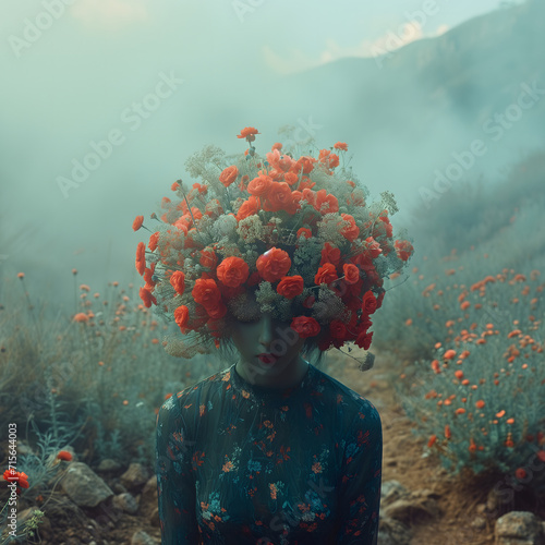 a woman with a bunch of flowers in her hair with the fog surrounding her, in the style of surrealistic masterpieces, dark orange and cyan, nature-inspired installations, landscape photography, surreal photo