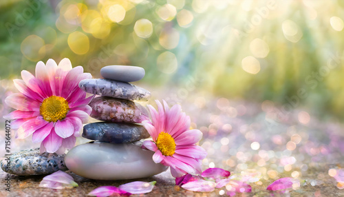 Spa still life with flowers and healing stones with empty space for text on bokeh background. 