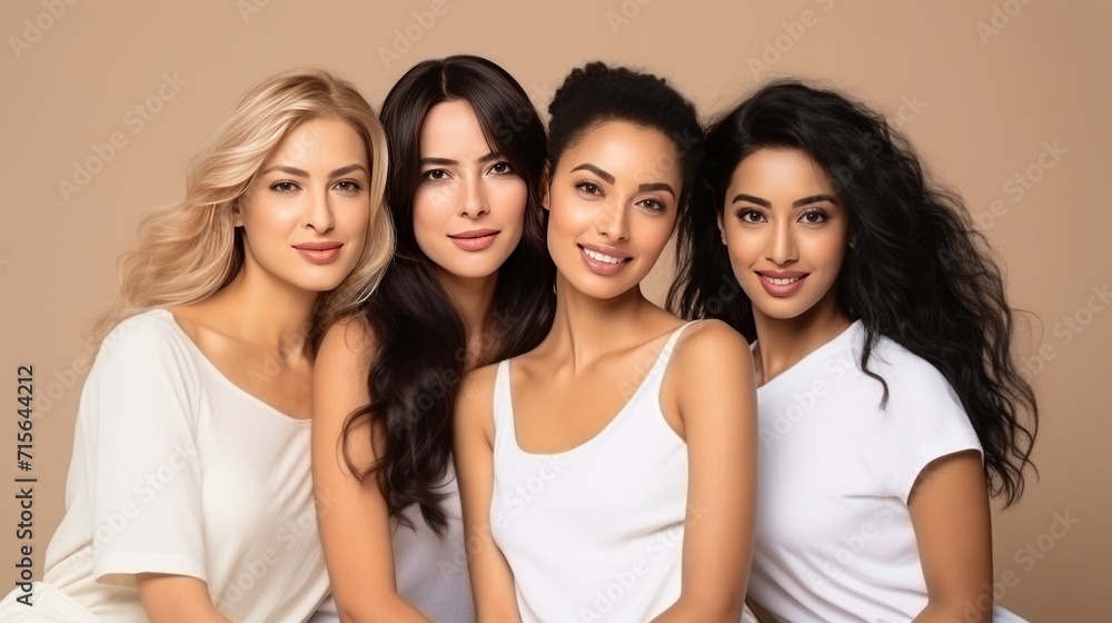 Skin, aesthetic and young friends together for self care, dermatology and support.Beauty, diversity and portrait of women happy with makeup for cosmetic skincare isolated in studio brown background.
Skin, aesthetic and young friends together for self care, dermatology and support.Beauty, diversity and portrait of women happy with makeup for cosmetic skincare isolated in studio brown background.