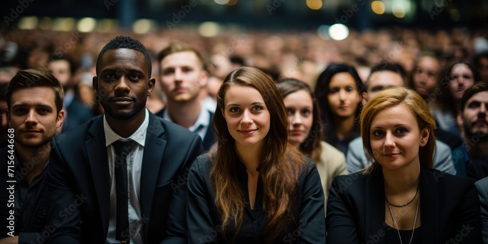 Portrait of Diverse Business People in Technology Summit Auditorium Room Full of Corporate Delegates.Crowd of Business People in Conference Hall Watching an Innovative Inspiring Keynote Presentation.
