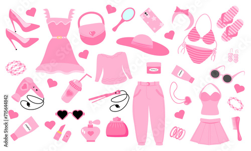 Barbiecore set glamorous trendy. Pink set, pink doll aesthetic accessories and clothing.