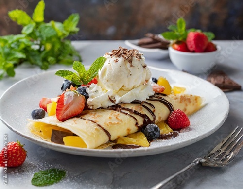 Delicious crepe with fresh fruits, vanilla ice cream and whipped cream with chocolate pieces on top served in white plate 