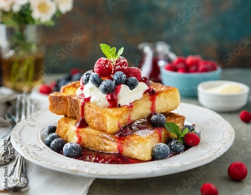 Delicious french toast with cheese cream, blueberries, cranberries and red fruits sauce on top served in white plate for sweet breakfast