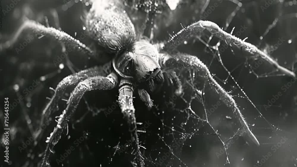 Scary close up of a spider on black background. Close up spider's web on retro vintage black color background for halloween night party design concept concept. Scary horror design mp4