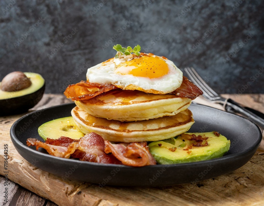 Three pancakes with fried eggs, avocado slices, grilled bacon and melted cheddar all in one black ceramic plate ready to be eaten