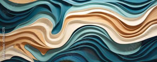 abstract waves pattern in beige and brown colors  in the style of dark turquoise and dark sky-blue  dynamic cubism  mural painting  delicate paper cutouts  birds-eye-view