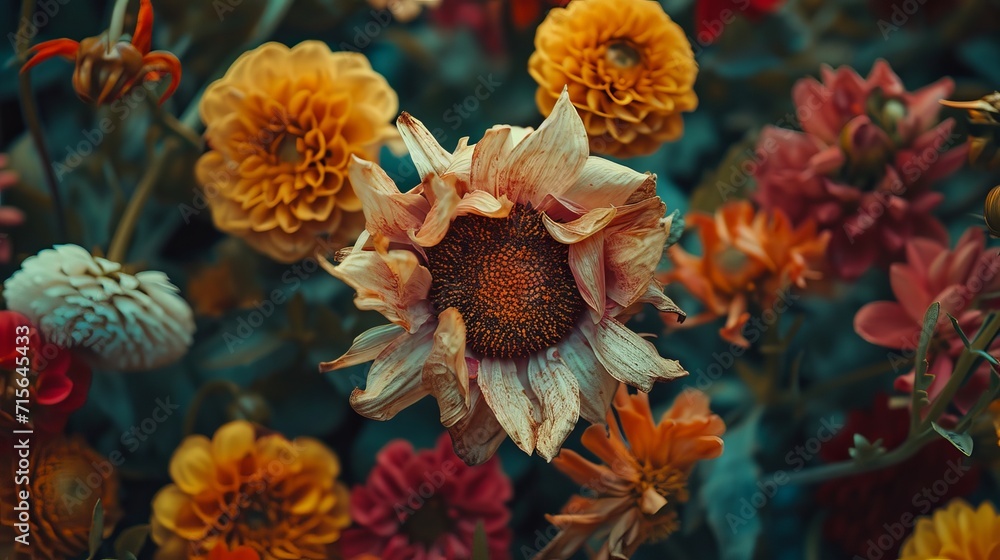 Wilting Flower Surrounded by Diverse Flowers Wilting Flower Surrounded by Diverse Flowers