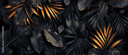 Abstract black leaf texture forms tropical leaf background.