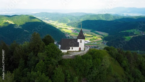 Church Saint Lawrence at the top of Mount Polhov Gradec aka Mount Saint Lawrence Hill in the Polhov Gradec. photo