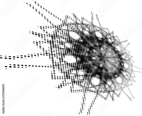 Dotted halftone mandala flying into the distance with the right side illuminated. Vector.