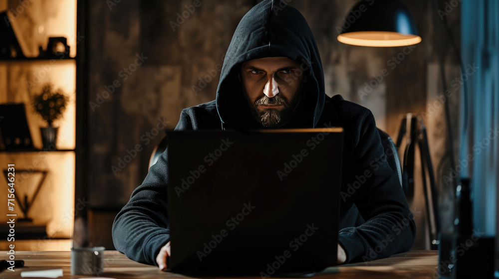 Hacker in a dark hoody sitting in front of a computer. Cybersecurity concept. Dark background Hacker in a dark hoody sitting in front of a computer. Cybersecurity concept. Dark background