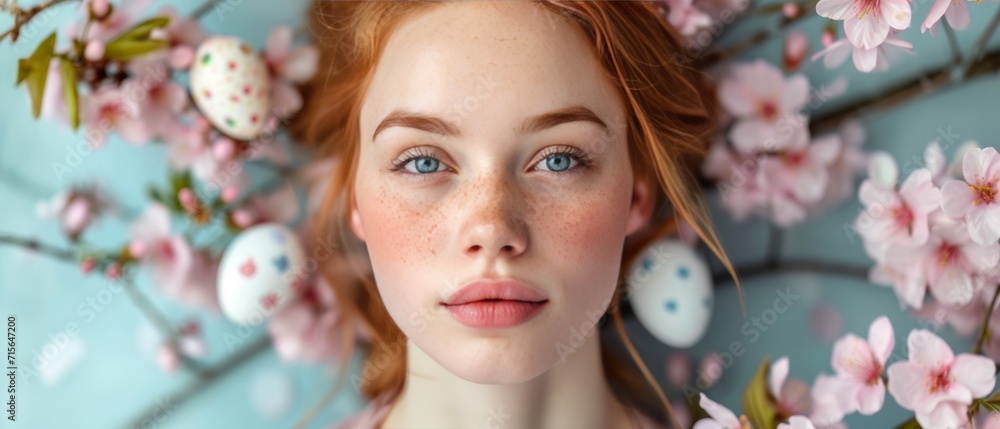 Easter composition with Serene young woman adorned with a floral garland and Easter eggs, immersed in a sea of delicate spring blossoms. Easter card with copy space - obrazy, fototapety, plakaty 