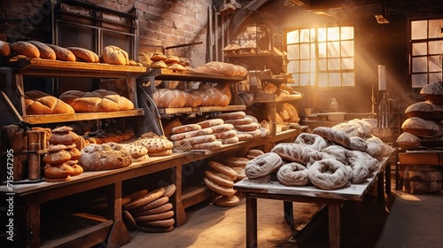Fresh baked bread on bakery showcase, wheat products - AI generated image Pro Photo