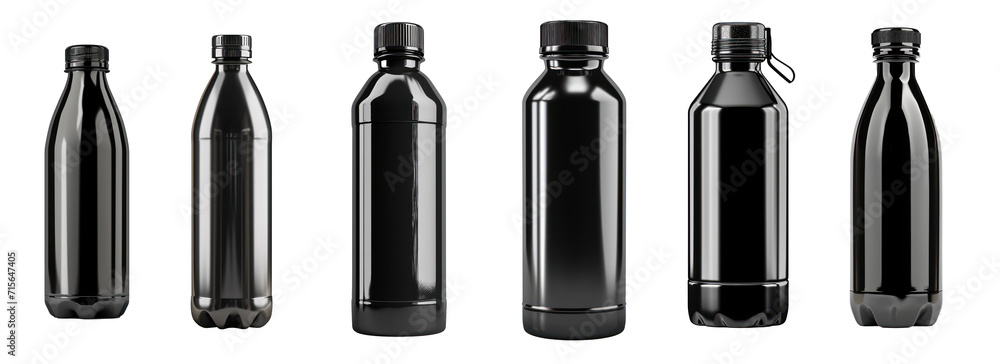 Realistic 3d black empty glossy metal water bottle with black punk isolated on transparent background Realistic 3d black empty glossy metal water bottle with black punk isolated on transparent background