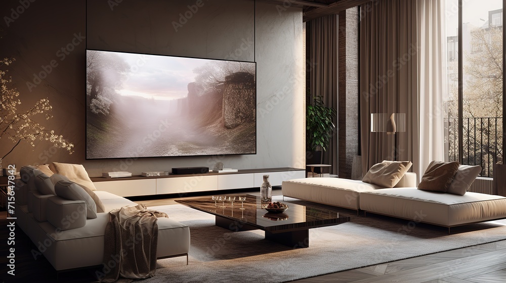 Fototapeta premium a futuristic white minimal interior of a living room, luxurious interior, extra large sofa design, tropical plants, view overlooking the natural landscape