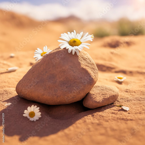 Daisies grew in the desert near the stone.