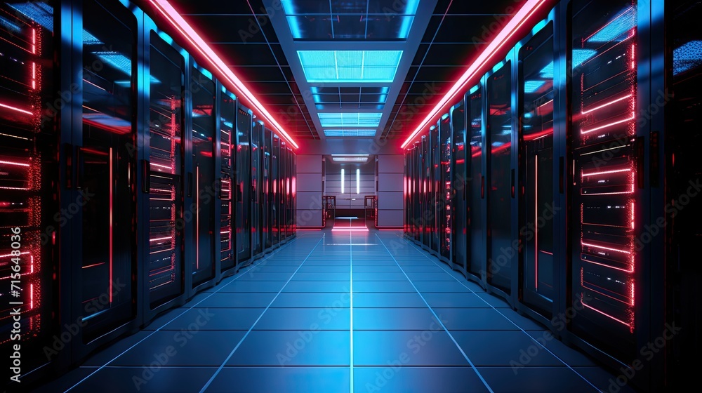 Server room in a modern office of a technology company. Development of a quantum computer. The concept of science, technology, big data and blockchain.