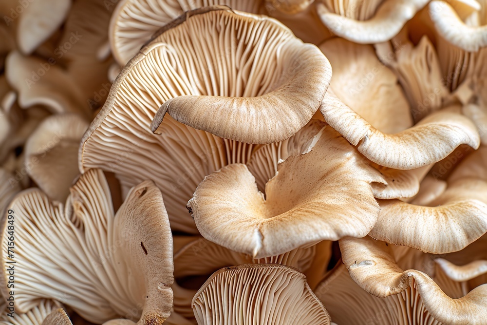 Macro view of fresh oyster mushrooms as background. - obrazy, fototapety, plakaty 