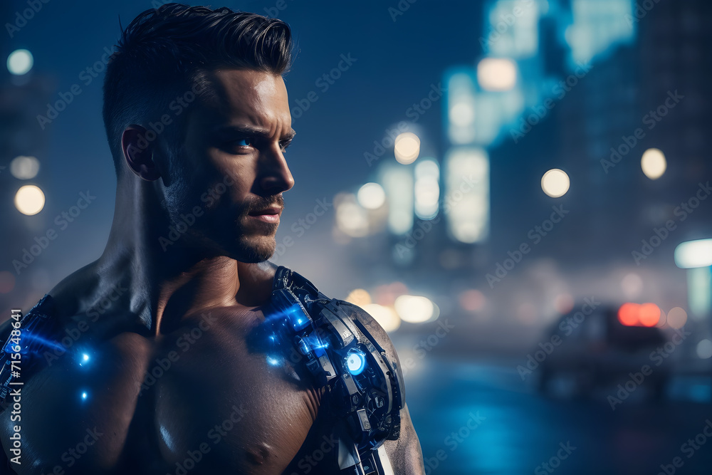 Shirtless Man in City at Night, An Urban Encounter Under the Moonlight Created With Generative AI Technology Shirtless Man in City at Night, An Urban Encounter Under the Moonlight Created With Generative AI Technology