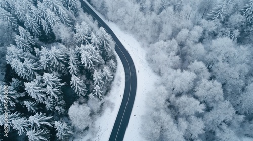 The road in the middle of the snow-covered forest © cherezoff