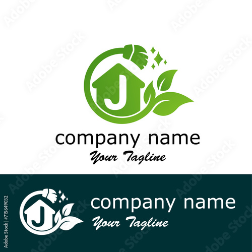 Initial J Letter with leaves and broom for cleaning, maintenance service modern logo idea