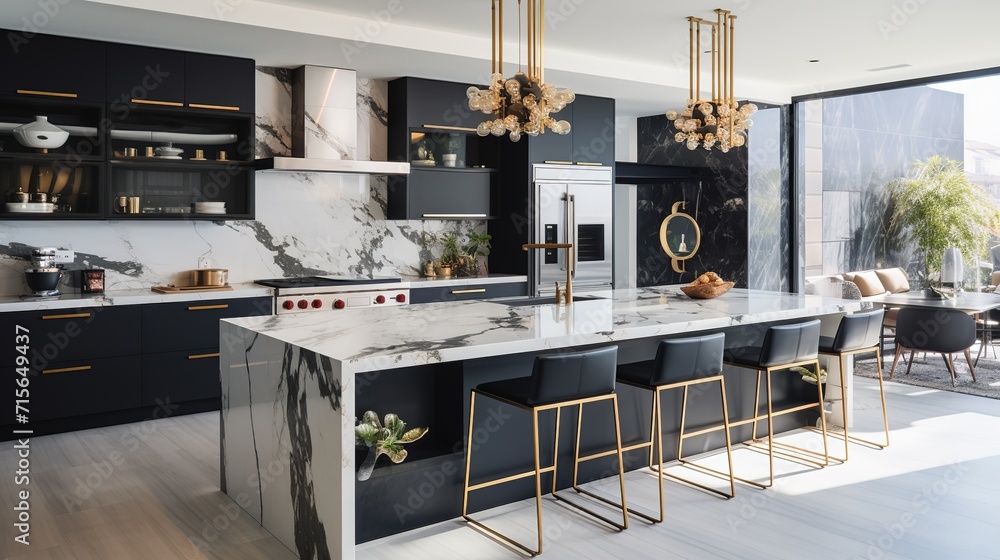 A kitchen with a black and white marble countertop and a black and white kitchen island.