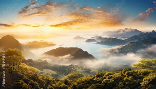 View of the sea of clouds from the top of the mountain peak. Tropical rainforest with vibrant morning reflection of the sunrise.