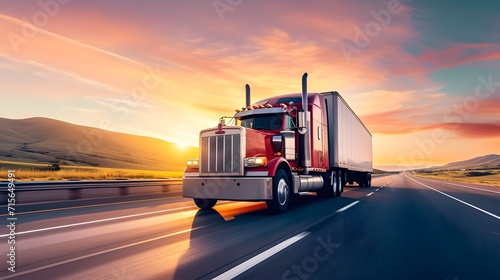 truck on highway, a semi truck driving down a road at sunset or dawn with a trailer truck behind it on a highway