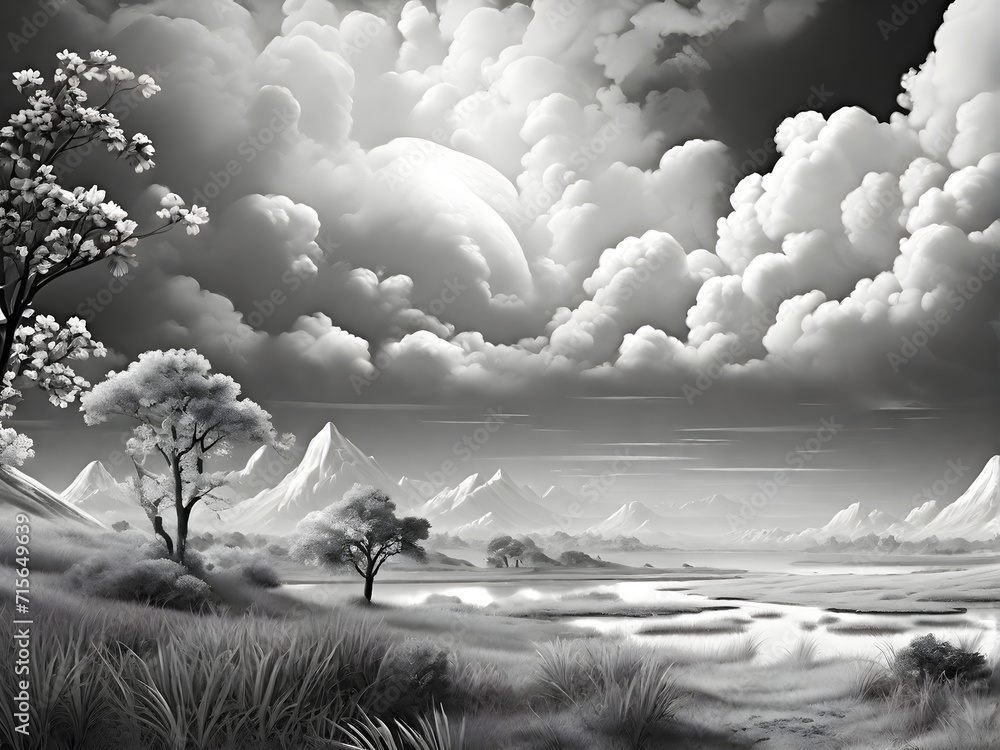It is a black and white landscape illustration that combines a small ...