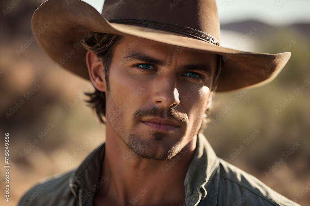 Man Wearing Cowboy Hat in Desert - Western Style Outdoor Portrait. Generative AI. Man Wearing Cowboy Hat in Desert - Western Style Outdoor Portrait. Generative AI.