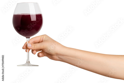 A woman's hand holds. Glass with red wine. On a blank background