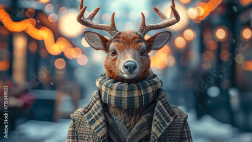 Graceful deer roams city streets in refined attire, embodying street style with elegance. The realistic urban backdrop frames this majestic creature, seamlessly merging natural beauty with contemporar