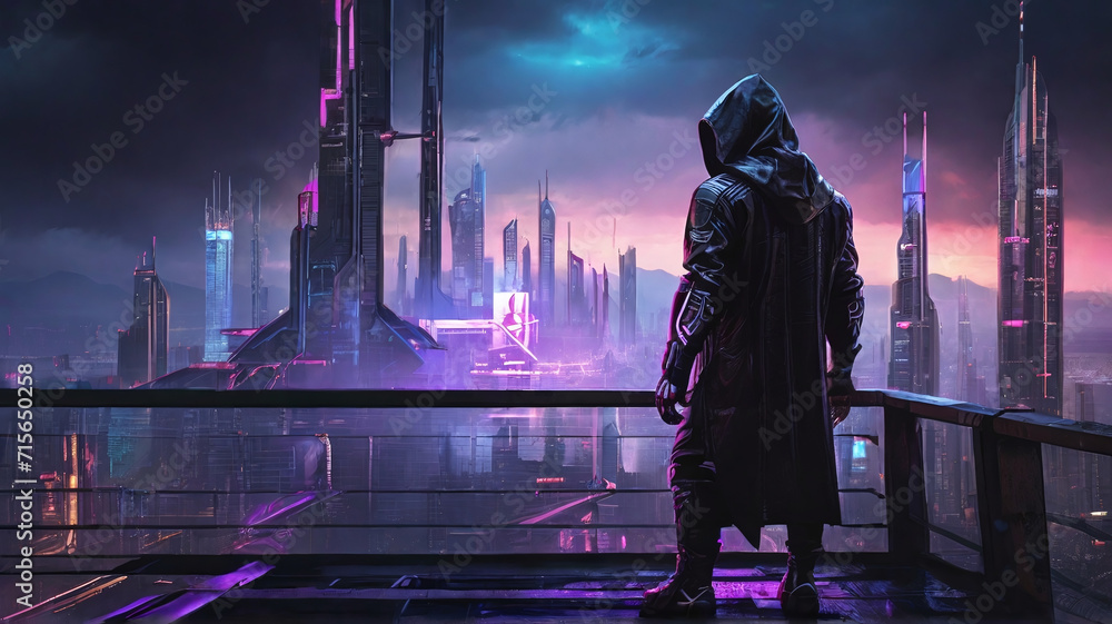 Obraz premium A futuristic cyberpunk cityscape, a hooded hacker standing on a rooftop overlooking the neon-lit skyline