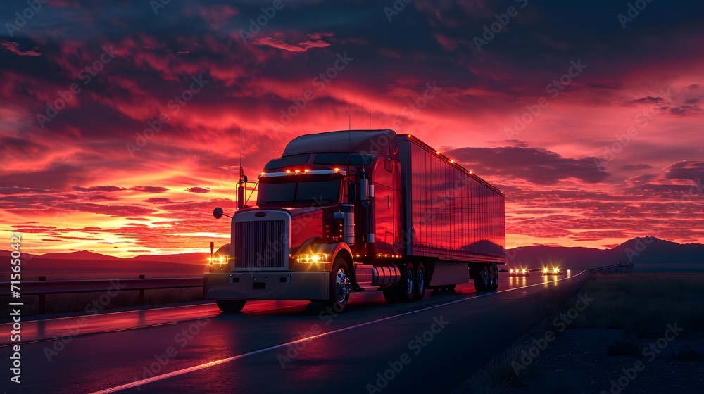 truck at sunset, a semi truck driving down a road at sunset or dawn with a trailer truck behind it on a highway